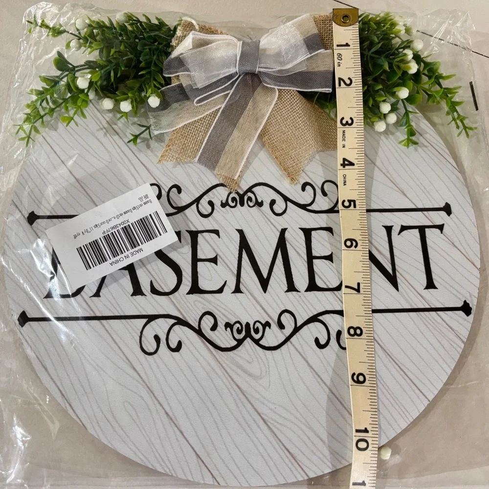 Basement Door Sign Farmhouse Round Wood Plaque Wreath Burlap Bow Greenery 11in